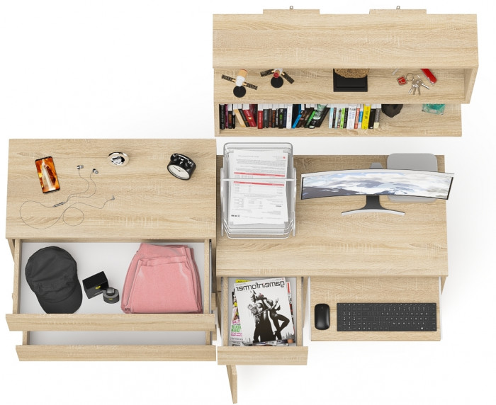 Мори компьютерный стол МС-1 левый + Комод МК800.4 + Полка 900, дуб сонома