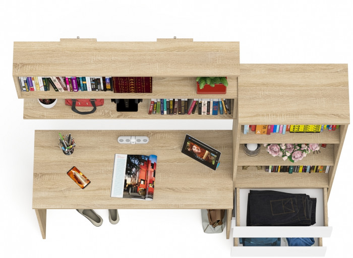 Мори письменный стол МСП1200.1 + Стеллаж МСТ600.3 + Полка 1200, дуб сонома/белый