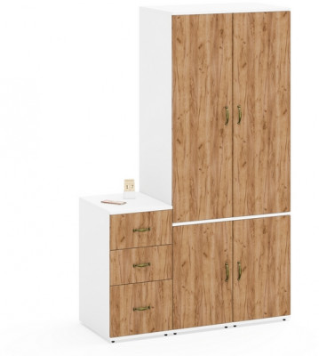 Лидер-8 Пенал МД 23Б + Пенал МД 23Б + Тумба МД 3.16, цвет белый шагрень/крафт золото, ШхГхВ 120х50х190 см., универсальная сборка