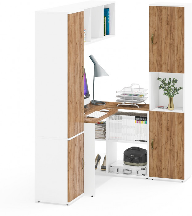 Лидер-8 Пенал МД 21Б + Стол + Полка + Пенал, белый шагрень/крафт золото