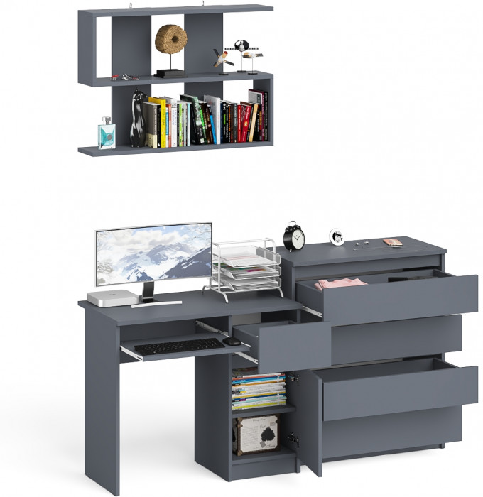 Мори компьютерный стол МС-1 правый + Комод МК800.4 + Полка 900, графит