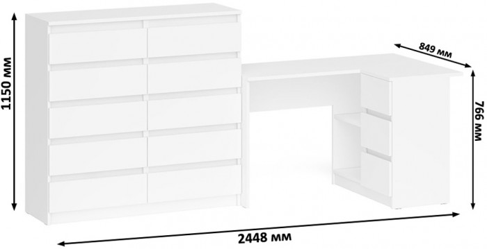 Мори Стол компьютерный МС-16 правый + Комод МК1200.10, цвет белый, ШхГхВ 244,8х84,9х115 см., выдвижные ящики справа, НЕ универсальная сборка