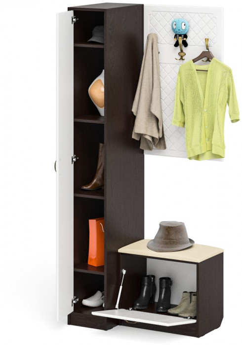 Прихожая П-6 Компоновка № 41, венге/фасады МДФ белое дерево фрезеровка ромб