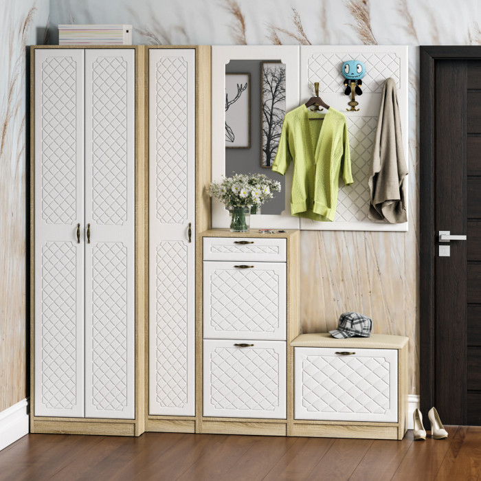 Прихожая П-6 Тумба, дуб сонома/фасады МДФ белое дерево фрезеровка ромб