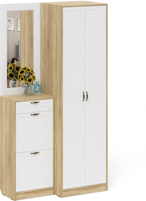 Прихожая П-6 Компоновка № 17, цвет дуб сонома/фасады МДФ белое дерево фрезеровка прованс, ШхГхВ 110х50х210 см., универсальная сборка