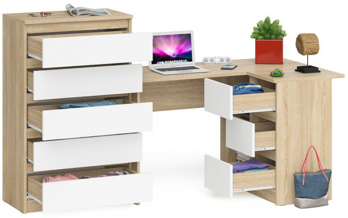 Мори компьютерный стол МС-16 правый + Комод МК700.5, дуб сонома/белый