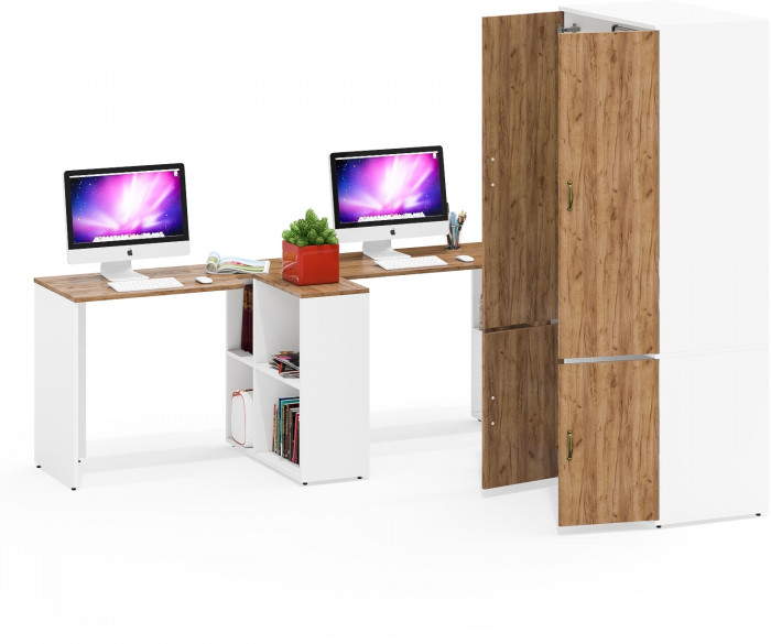 Лидер-8 Стол + Стол + Шкаф МД 19Б + Тумба МД 3.15, белый шагрень/крафт золото