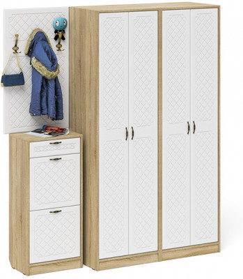 Прихожая П-6 Компоновка № 15, дуб сонома/фасады МДФ белое дерево фрезеровка ромб