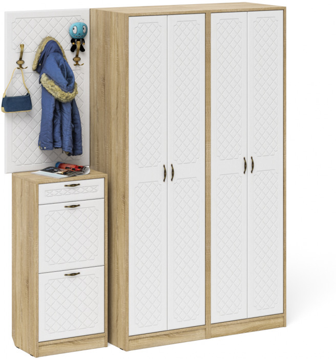 Прихожая П-6 Компоновка № 15, дуб сонома/фасады МДФ белое дерево фрезеровка ромб