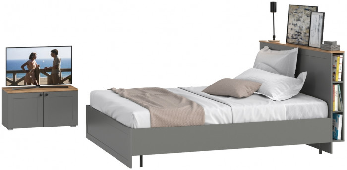 Остин 11.53 Кровать + ортопед + 13.257 Тумба, серый графит/дуб крафт золотой