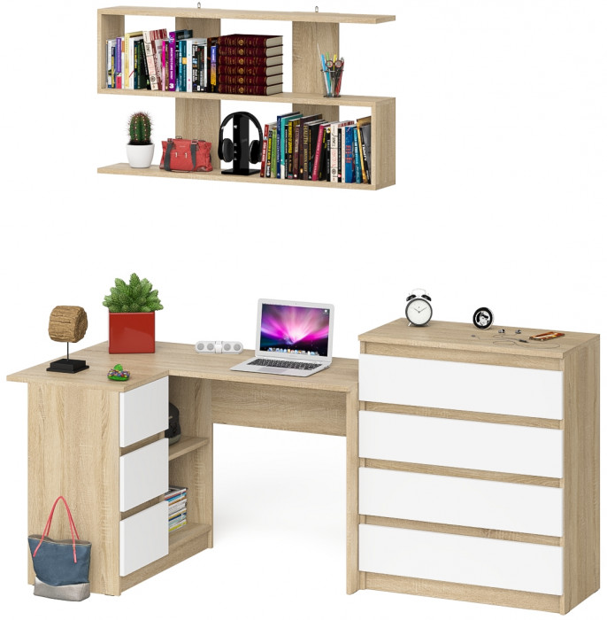 Мори компьютерный стол МС-16 левый + Комод МК800.4 + Полка 1200, дуб сонома/белый