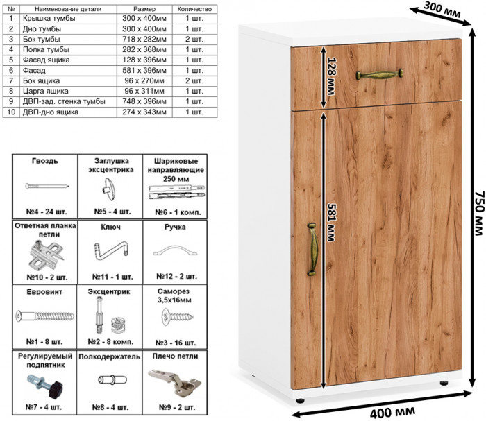 Лидер-8 Стол + Полка + Тумба МД 3.15, цвет белый шагрень/крафт золото, ШхГхВ 205х50/30х75/190 или 115х50/120х75/190 см., НЕ универсальная сборка