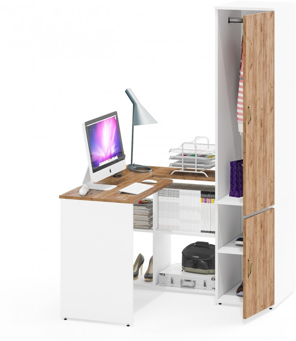 Лидер-8 Стол + Пенал МД 23Б, белый шагрень/крафт золото