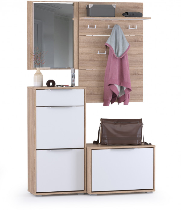 Куба Прихожая 7, обувница 13.58 + Вешалка 10.122 + обувница 13.114 + Зеркало, цвет дуб сонома/белый премиум, ШхГхВ 115х38,3х210,6 см., ун. сборка
