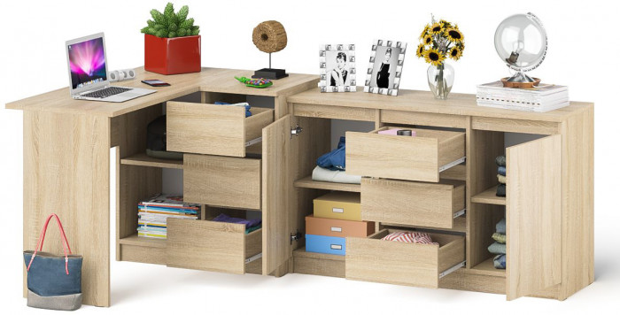 Мори компьютерный стол МС-16 правый + Комод МК1200.3, дуб сонома