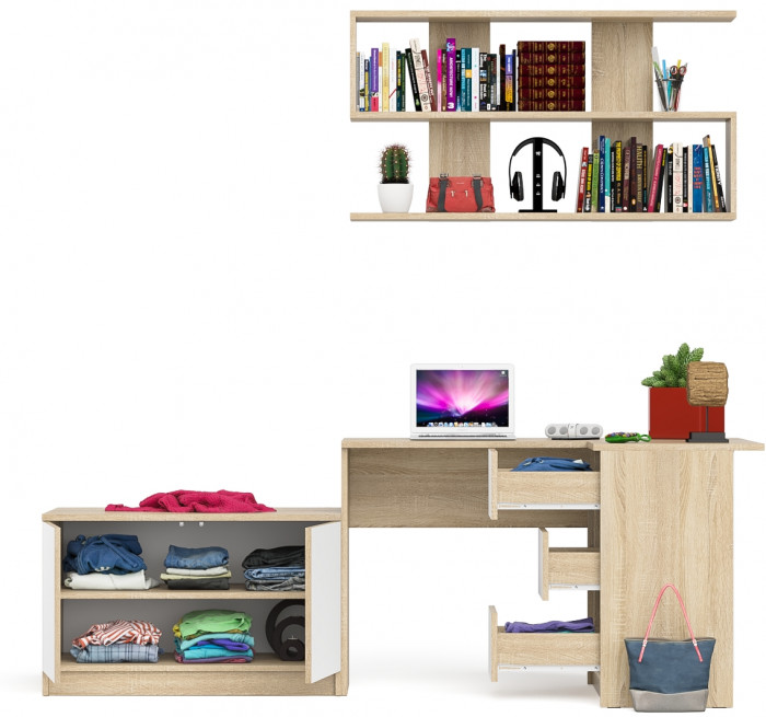 Мори компьютерный стол МС-16 правый + Тумба МА900.1 + Полка 1200, дуб сонома/белый