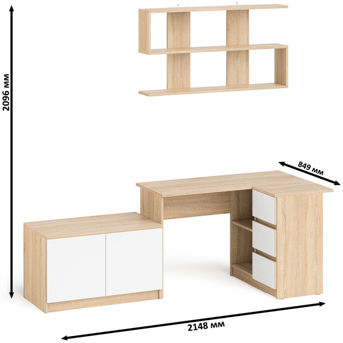 Мори компьютерный стол МС-16 правый + Тумба МА900.1 + Полка 1200, дуб сонома/белый