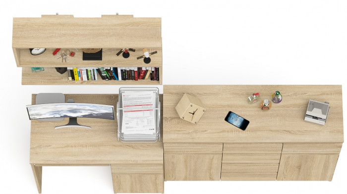 Мори Стол компьютерный МС-1 правый + Комод МК1200.4 + Полка 900, цвет дуб сонома, ШхГхВ 210,4х50х209,6 см., НЕ универсальная сборка