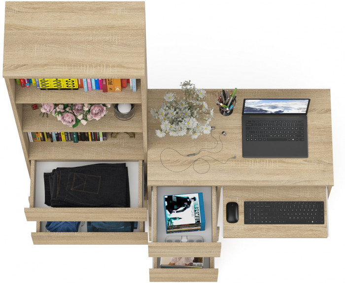 Мори Стол компьютерный МС-6 левый + Стеллаж МСТ600.3, цвет дуб сонома, ШхГхВ 150,4х50х179,6 см., выдвижные ящики слева, НЕ универсальная сборка