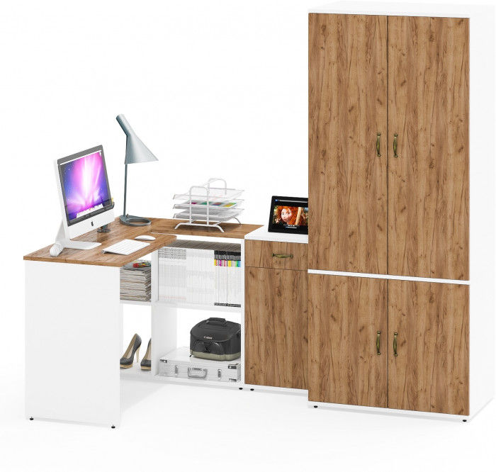 Лидер-8 Стол + Тумба МД 3.15 + Шкаф МД 19Б, белый шагрень/крафт золото