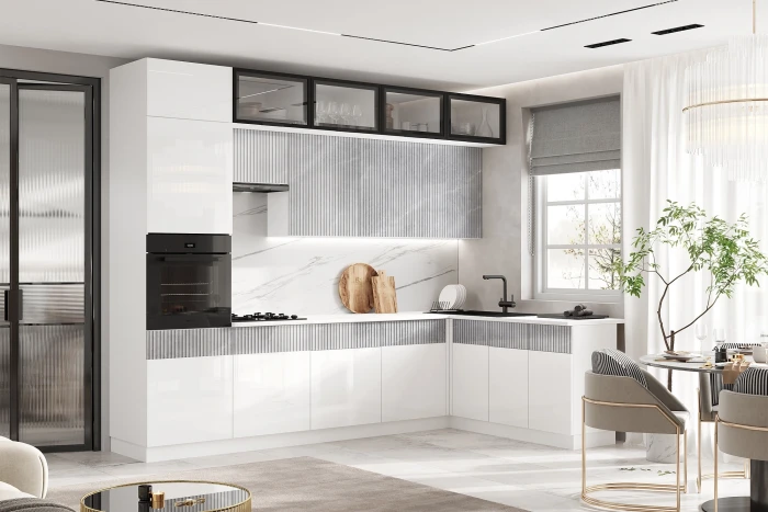 Кухня Оливия NEW 3,0х1,8м Белый глянец холодный/мрамор глянец