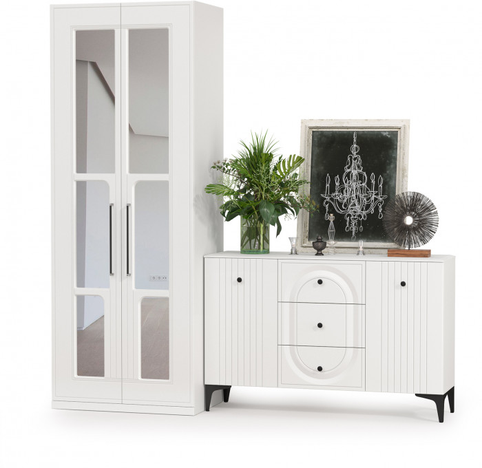 Валенсия Спальня 13.309 Комод + 13.329 Шкаф для одежды, цвет ЛДСП белый шагрень/МДФ белый шагрень, ШхГхВ 217,2х54,2х225,3 см.