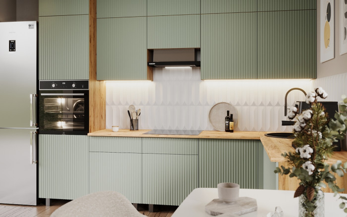 Кухня Оливия NEW 3,0х1,8/1080м Компоновка №3, Крафт золотой/Олива софт