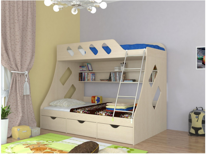 Дельта-20.01 Детская двухъярусная кровать с лестницей (Голубой, Дуб молочный)