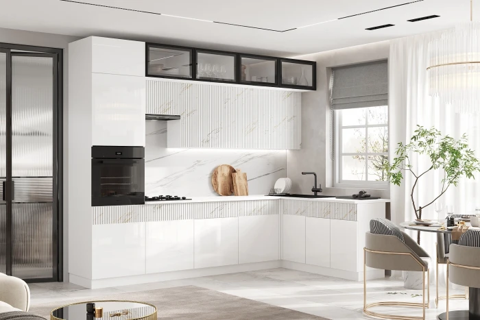 Кухня Оливия NEW 3,0х1,8м Белый глянец холодный/мрамор золото