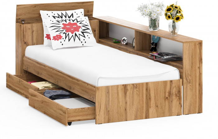 Ксения Кровать с ящиками 0900 + прикроватный блок, дуб вотан