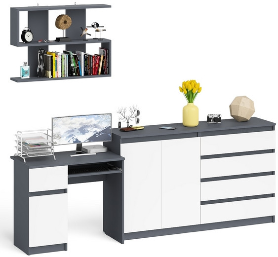 Мори компьютерный стол МС-1 левый + Комод МК1600.1 + Полка 900, графит/белый