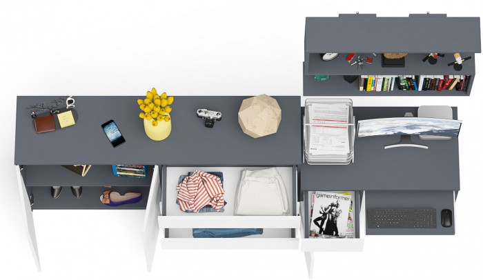 Мори компьютерный стол МС-1 левый + Комод МК1600.1 + Полка 900, графит/белый