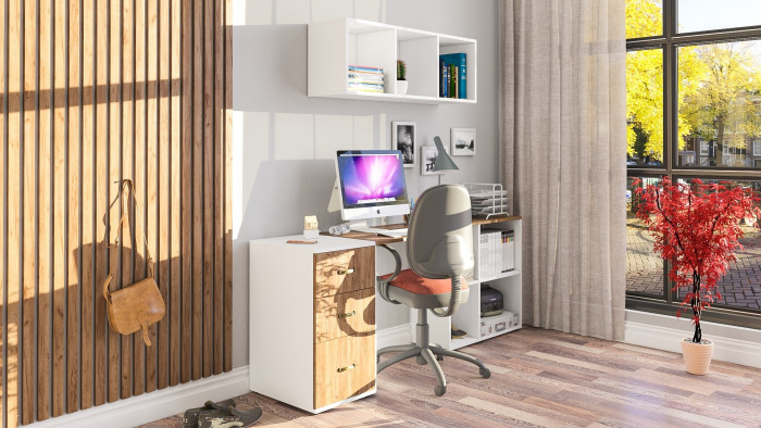 Лидер-8 Стол + Полка + Тумба МД 3.16, цвет белый шагрень/крафт золото, ШхГхВ 205х50/30х75/190 или 155х80/50х75/190 см., НЕ универсальная сборка