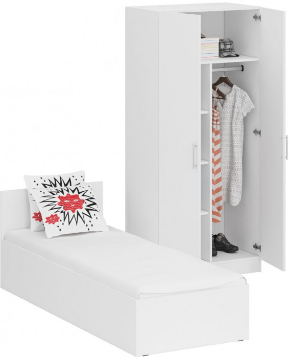 Кровать 0800 + Шкаф 2-х створчатый Стандарт, цвет белый, ШхГхВ 83,5х203,5х70 + 90х52х200 см., сп.м. 800х2000 мм., без матраса, основание есть