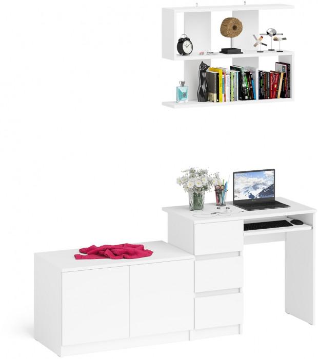 Мори Стол компьютерный МС-6 левый + Тумба МА900.1 + Полка 900, цвет белый, ШхГхВ 180,4х50,4х209,6 см., НЕ универсальная сборка