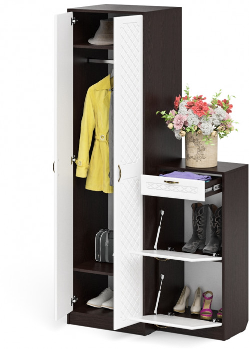 Прихожая П-6 Компоновка № 16, венге/фасады МДФ белое дерево фрезеровка ромб