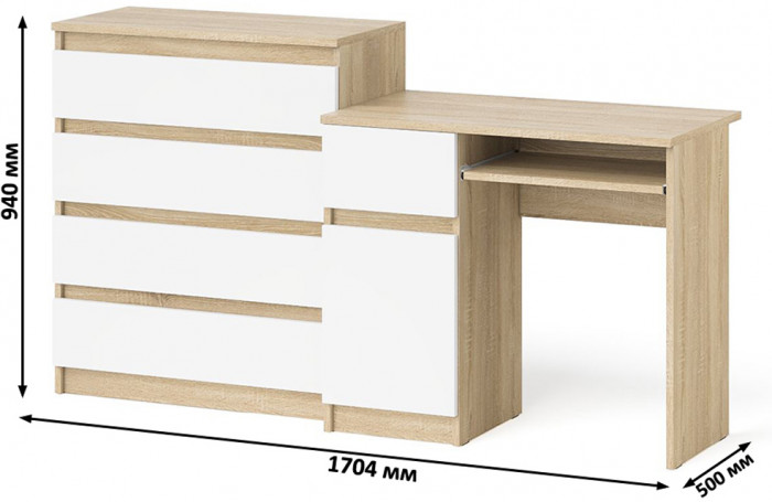 Мори компьютерный стол МС-1 левый + Комод МК800.4, дуб сонома/белый