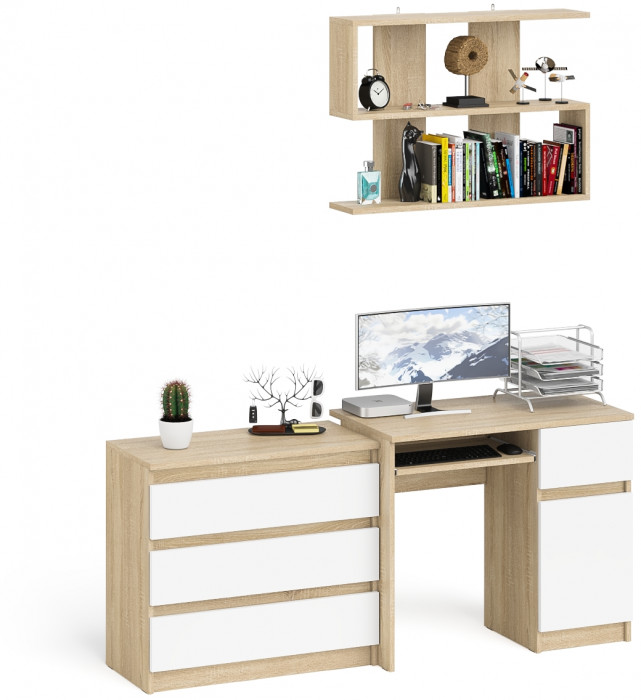 Мори компьютерный стол МС-1 правый + Комод МК800.1 + Полка 900, дуб сонома/белый