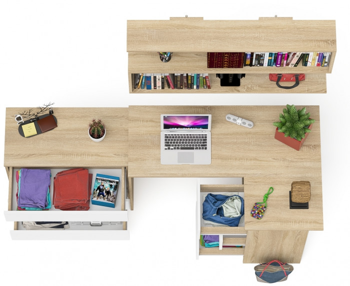 Мори компьютерный стол МС-16 правый + Комод МК800.1 + Полка 1200, дуб сонома/белый