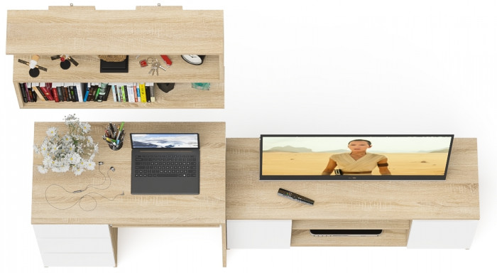 Мори компьютерный стол МС-6 левый + Тумба МТВ1200.1 + Полка 900, дуб сонома/белый