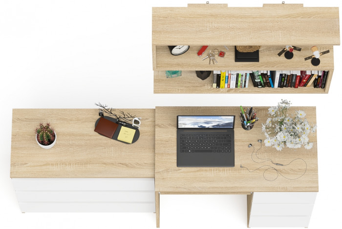Мори компьютерный стол МС-6 правый + Комод МК800.1 + Полка 900, дуб сонома/белый