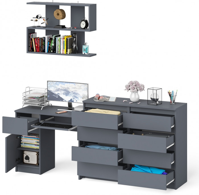 Мори Стол компьютерный МС-1 левый + Комод МК1200.8 + Полка 900, цвет графит, ШхГхВ 210,4х50х209,6 см., НЕ универсальная сборка