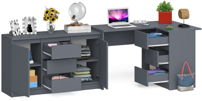 Мори Стол компьютерный МС-16 правый + Комод МК1200.3, цвет графит, ШхГхВ 244,8х84,9х76,6 см., выдвижные ящики справа, НЕ универсальная сборка