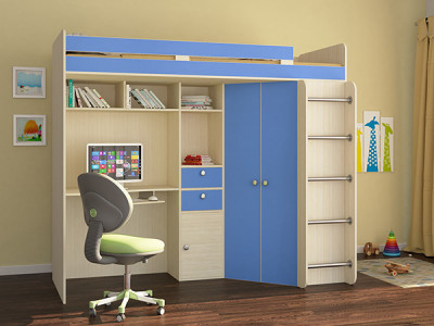 Кровать чердак Астра Дуб молочный/Голубой