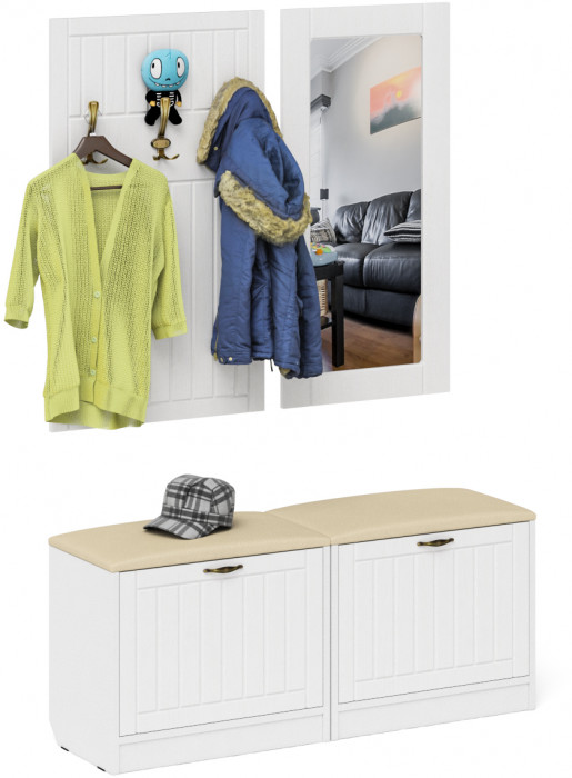 Прихожая П-6 Компоновка № 02, цвет белая шагрень/фасады МДФ белое дерево фрезеровка прованс, ШхГхВ 120х35х200 см.