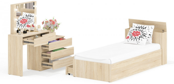 Ксения Кровать с ящиками 0900 + Стол косметический с подсветкой 110, дуб сонома