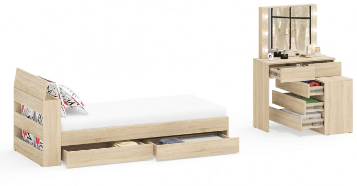 Ксения Кровать с ящиками 0900 + Стол косметический с подсветкой 110, дуб сонома