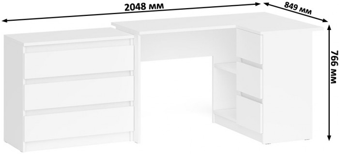 Мори компьютерный стол МС-16 правый + Комод МК800.1, белый