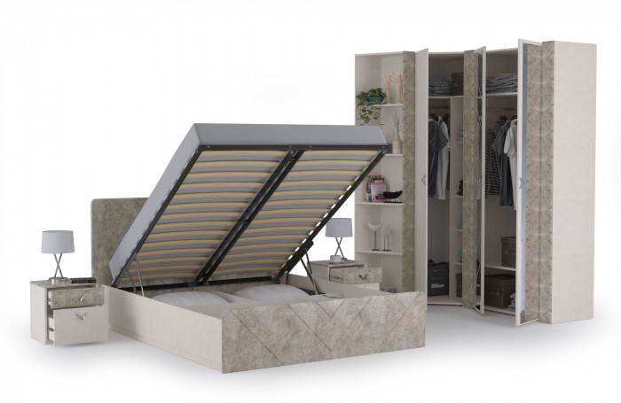 Амели Спальня № 6 Две тумбочки + Кровать 11.31 + под. ортопед + Шкафы 13.140 + 13.131 + 13.133, цвет шёлк. камень/бетон чикаго беж, 1600х2000 мм, б/м