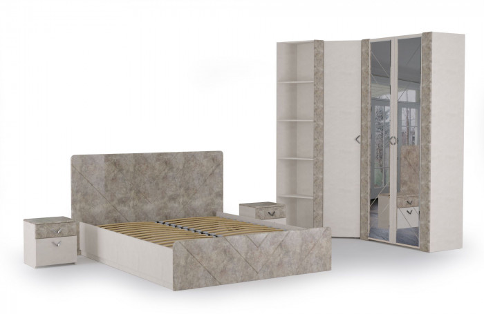 Амели Спальня № 6 Две тумбочки + Кровать 11.31 + под. ортопед + Шкафы 13.140 + 13.131 + 13.133, цвет шёлк. камень/бетон чикаго беж, 1600х2000 мм, б/м